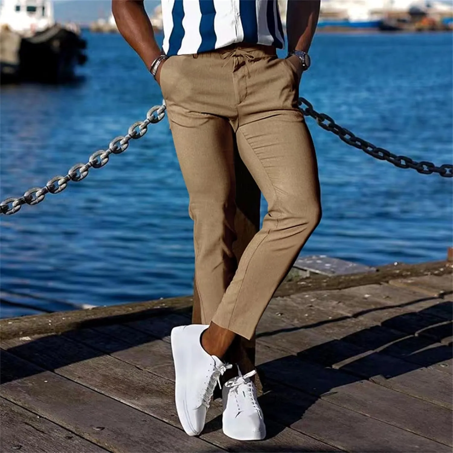 Mens Slim Fit Stretchy Casual Pants with Drawstrings Breathable Tapered Chino Pants for Work Flat Front Casual Golf Pant