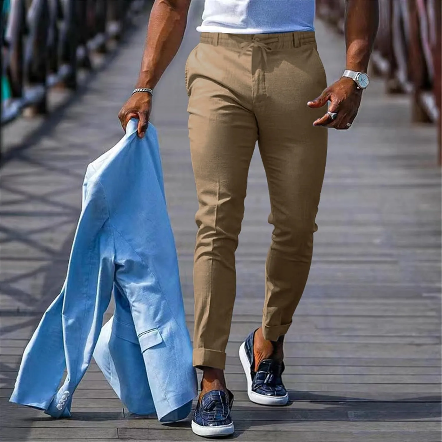 Mens Slim Fit Stretchy Casual Pants with Drawstrings Breathable Tapered Chino Pants for Work Flat Front Casual Golf Pant