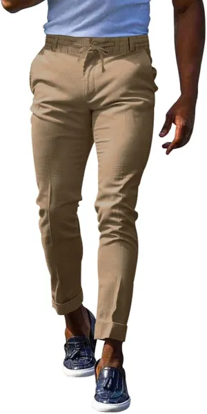 Mens Slim Fit Stretchy Casual Pants with Drawstrings Breathable Tapered Chino Pants for Work Flat Front Casual Golf Pant