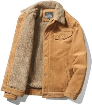 Men's Winter Fur Collar Warm Coat Corduroy Cotton Padded Lapel Jacket