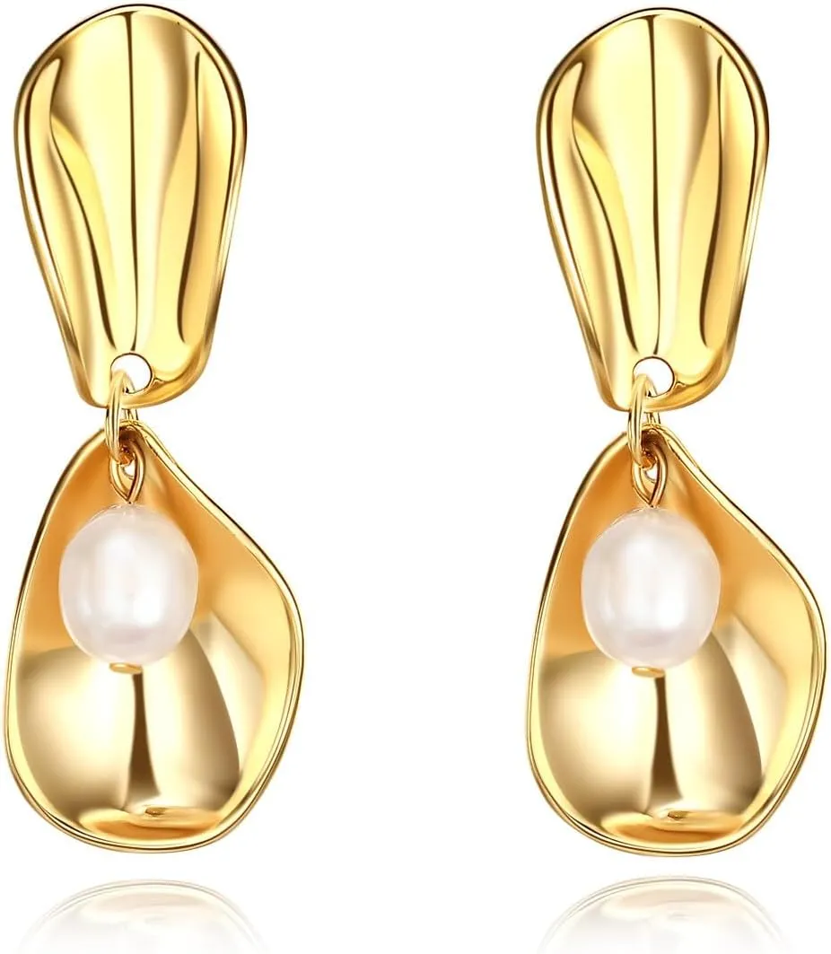 Metal Sheet Dangle Earrings for Women 18K Gold Plated Irregular Metal Drop Earrings with Pearl Hypoallergenic Earrings Jewelry Gift for Sister Girlfriend