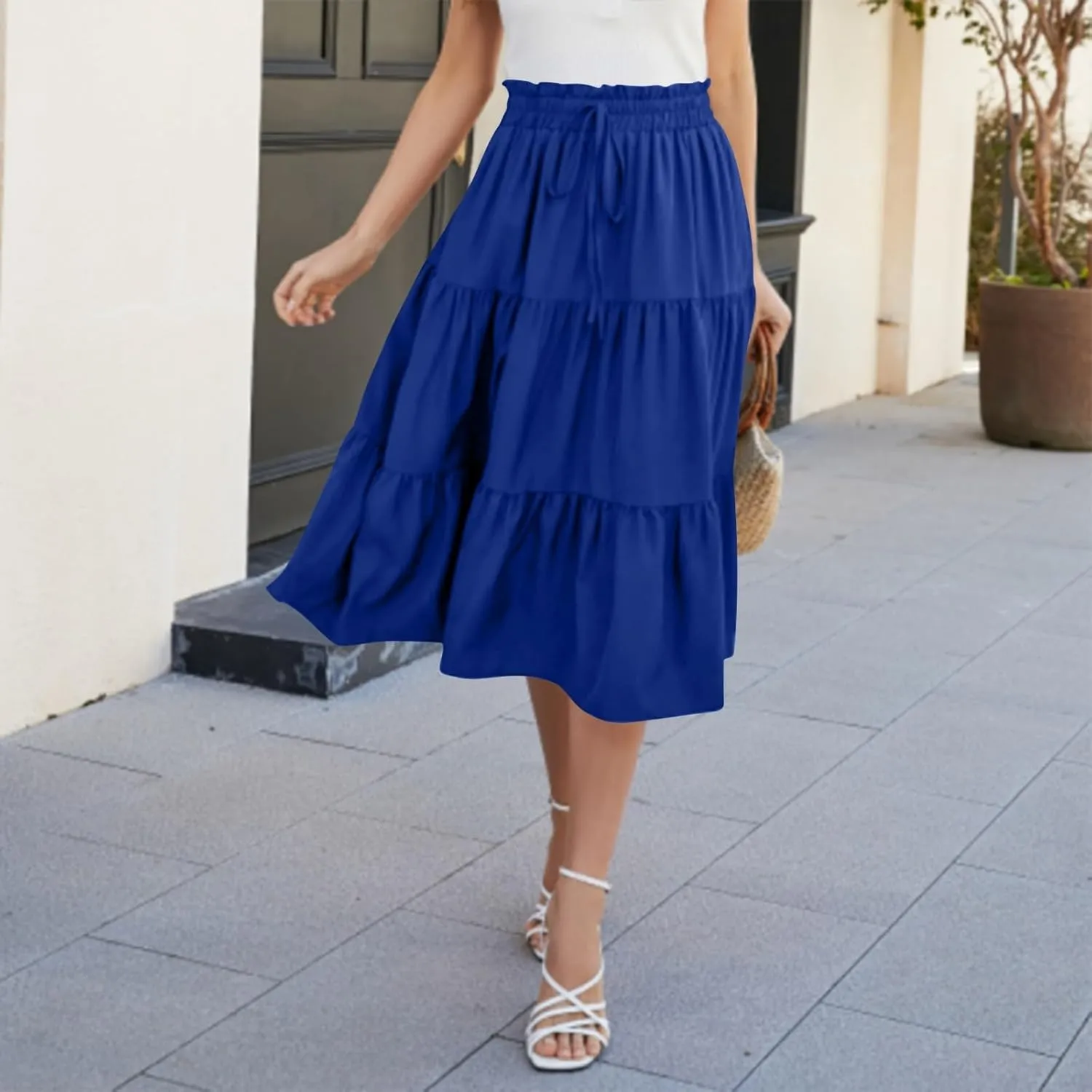 Midi Skirt for Women Summer Tiered Drawstring High Waisted Knee Length Skirt Pleated Aline Elegant Solid Color Skirt