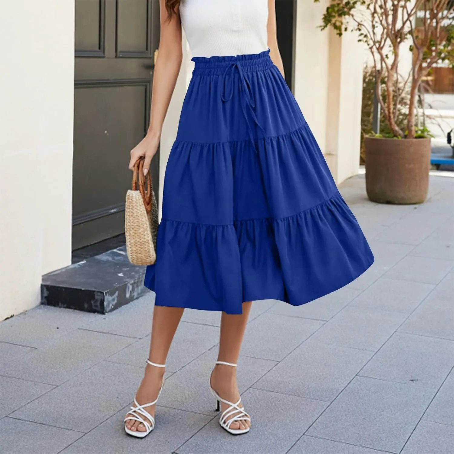 Midi Skirt for Women Summer Tiered Drawstring High Waisted Knee Length Skirt Pleated Aline Elegant Solid Color Skirt