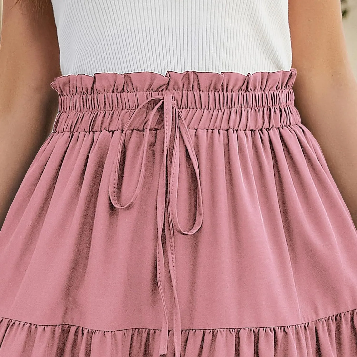 Midi Skirt for Women Summer Tiered Drawstring High Waisted Knee Length Skirt Pleated Aline Elegant Solid Color Skirt