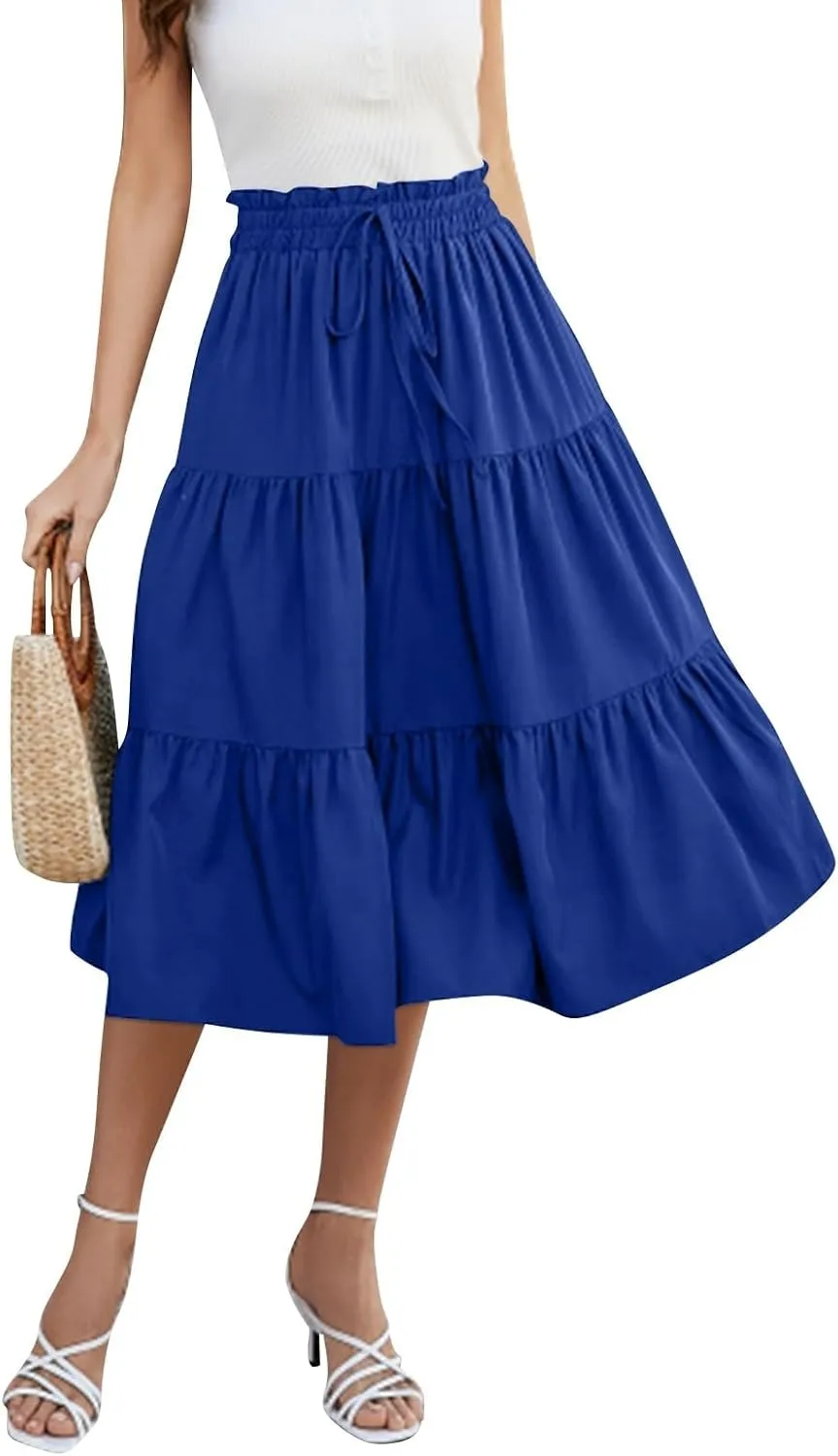 Midi Skirt for Women Summer Tiered Drawstring High Waisted Knee Length Skirt Pleated Aline Elegant Solid Color Skirt