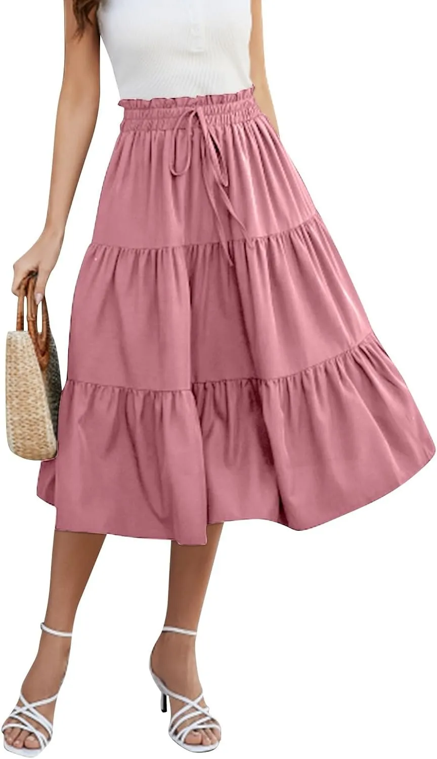 Midi Skirt for Women Summer Tiered Drawstring High Waisted Knee Length Skirt Pleated Aline Elegant Solid Color Skirt