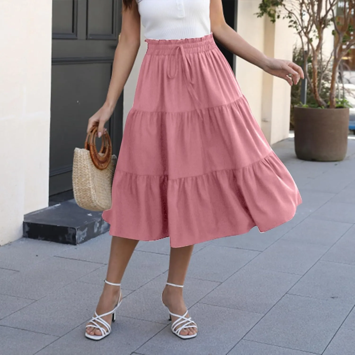 Midi Skirt for Women Summer Tiered Drawstring High Waisted Knee Length Skirt Pleated Aline Elegant Solid Color Skirt