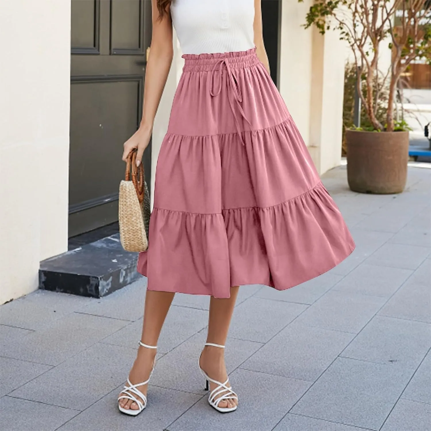 Midi Skirt for Women Summer Tiered Drawstring High Waisted Knee Length Skirt Pleated Aline Elegant Solid Color Skirt