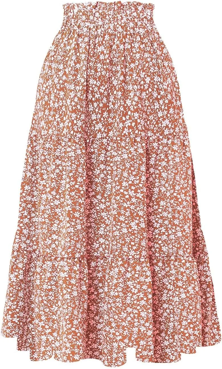 Midi Skirt for Women Summer Tiered Drawstring High Waisted Knee Length Skirt Pleated Aline Elegant Solid Color Skirt