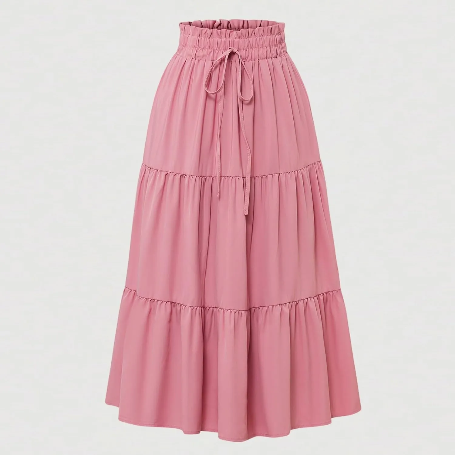 Midi Skirt for Women Summer Tiered Drawstring High Waisted Knee Length Skirt Pleated Aline Elegant Solid Color Skirt