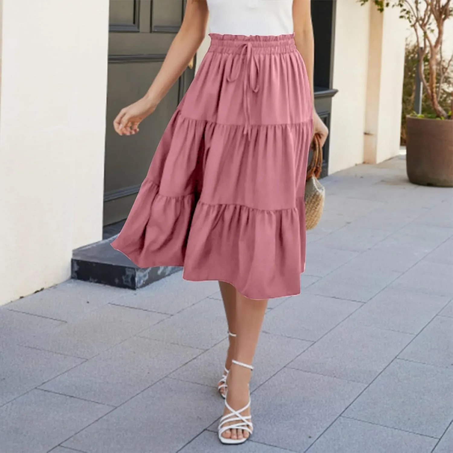 Midi Skirt for Women Summer Tiered Drawstring High Waisted Knee Length Skirt Pleated Aline Elegant Solid Color Skirt
