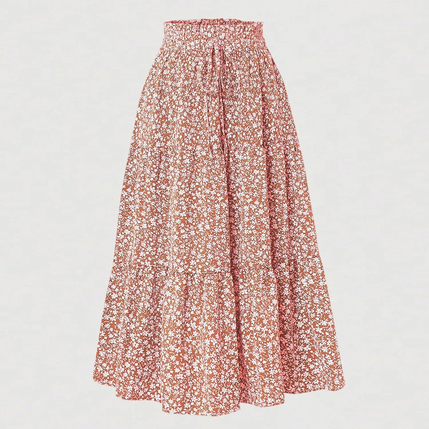 Midi Skirt for Women Summer Tiered Drawstring High Waisted Knee Length Skirt Pleated Aline Elegant Solid Color Skirt