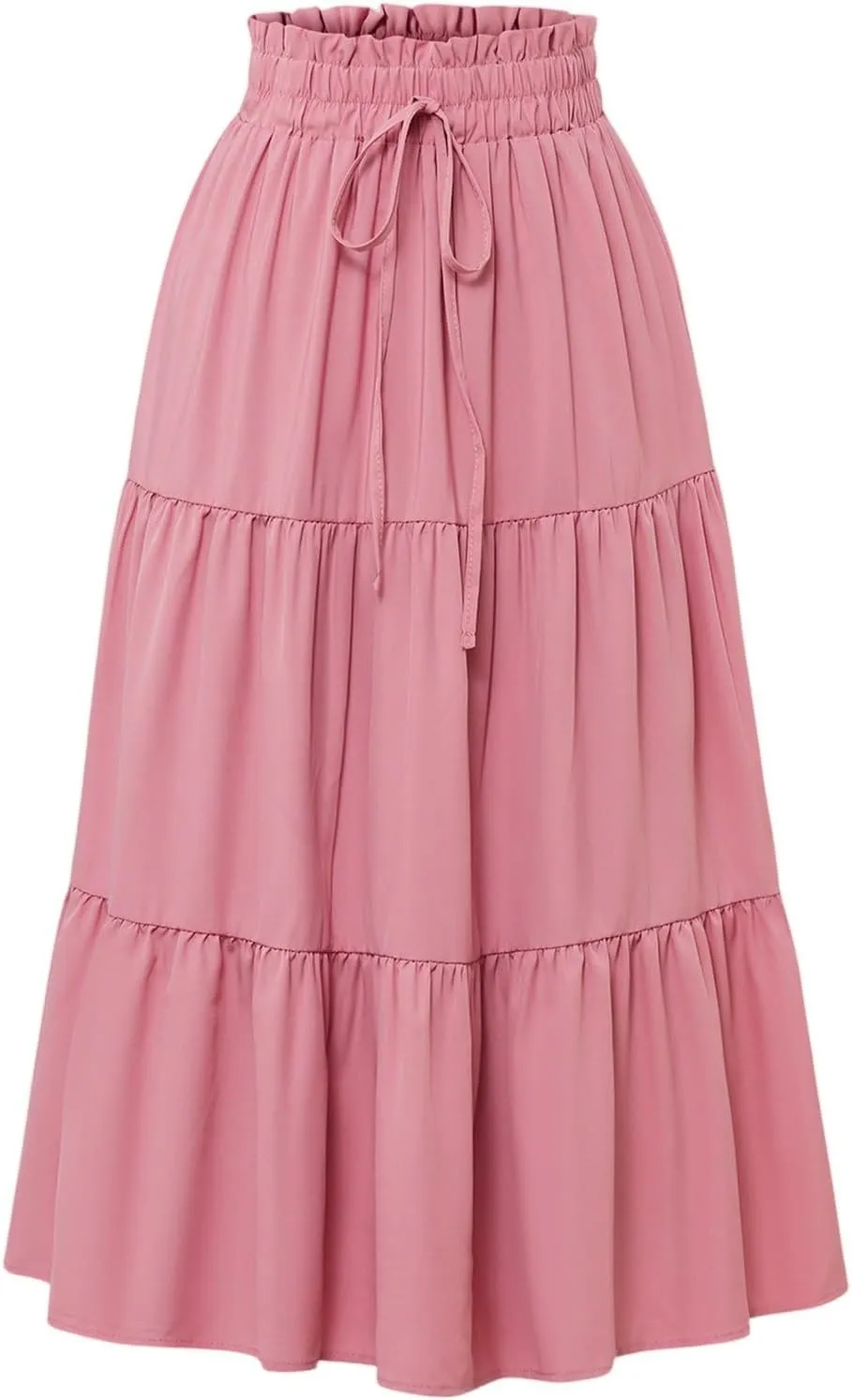 Midi Skirt for Women Summer Tiered Drawstring High Waisted Knee Length Skirt Pleated Aline Elegant Solid Color Skirt
