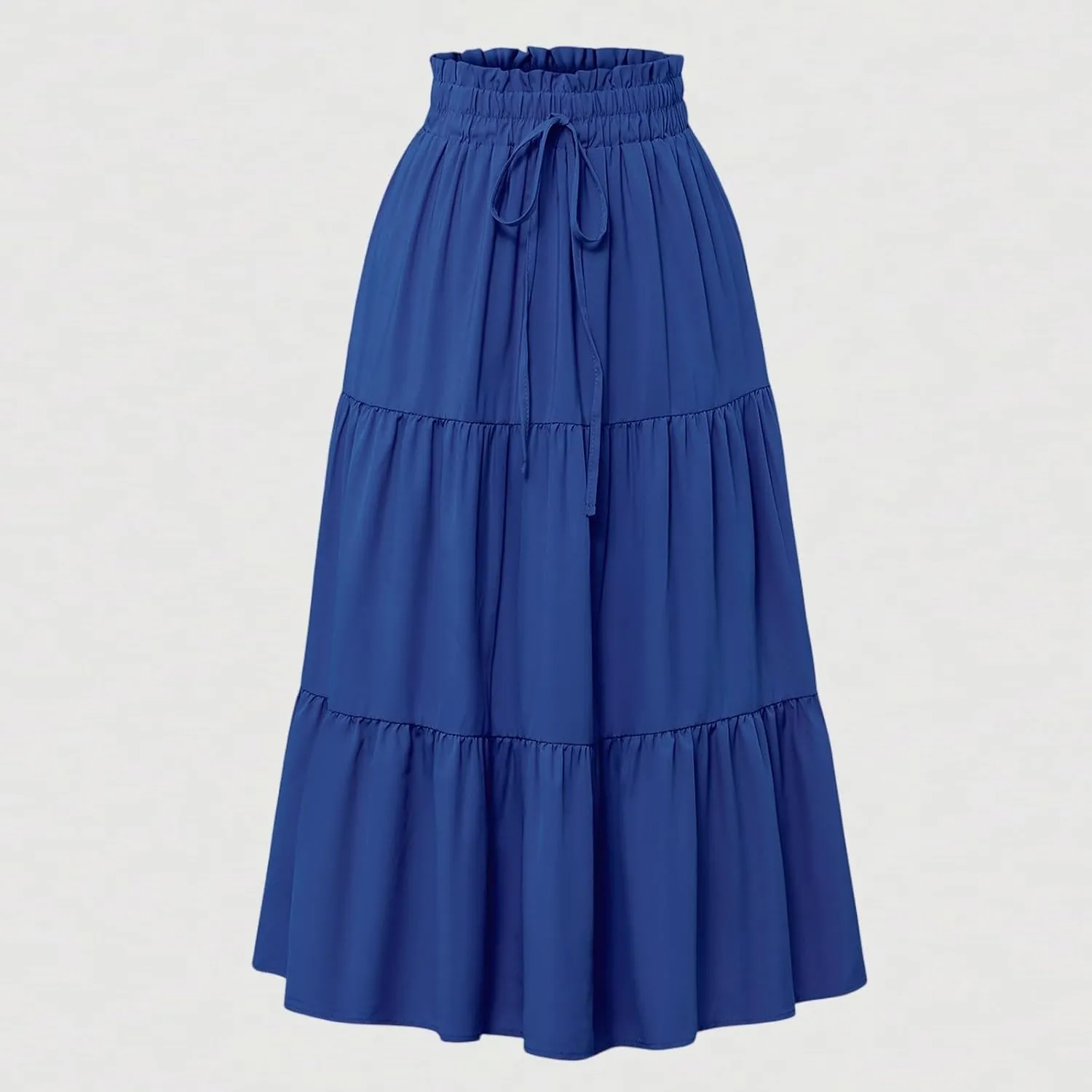 Midi Skirt for Women Summer Tiered Drawstring High Waisted Knee Length Skirt Pleated Aline Elegant Solid Color Skirt
