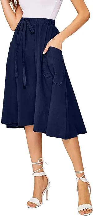 Midi Skirt for Women Women's Casual High Waist Pleated A Line Midi Skirt with Pocket Women Skirts Midi Length