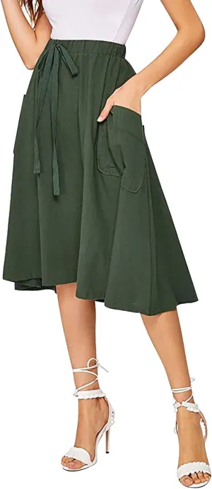 Midi Skirt for Women Women's Casual High Waist Pleated A Line Midi Skirt with Pocket Women Skirts Midi Length