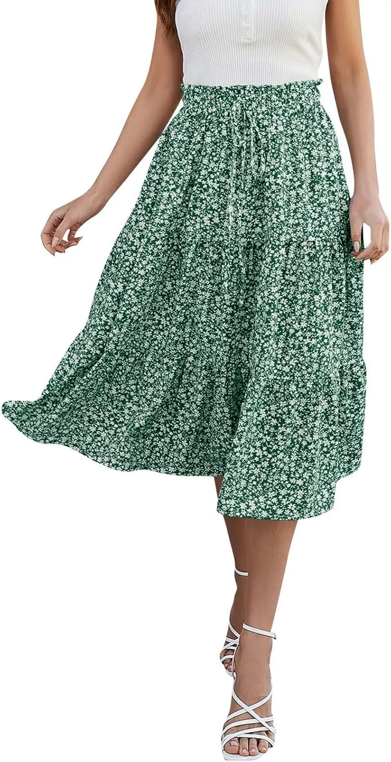 Midi Skirts for Women Summer Tiered Drawstring Elastic Waist Knee Length Skirts Pleated A Line Boho Solid Plain Skirts