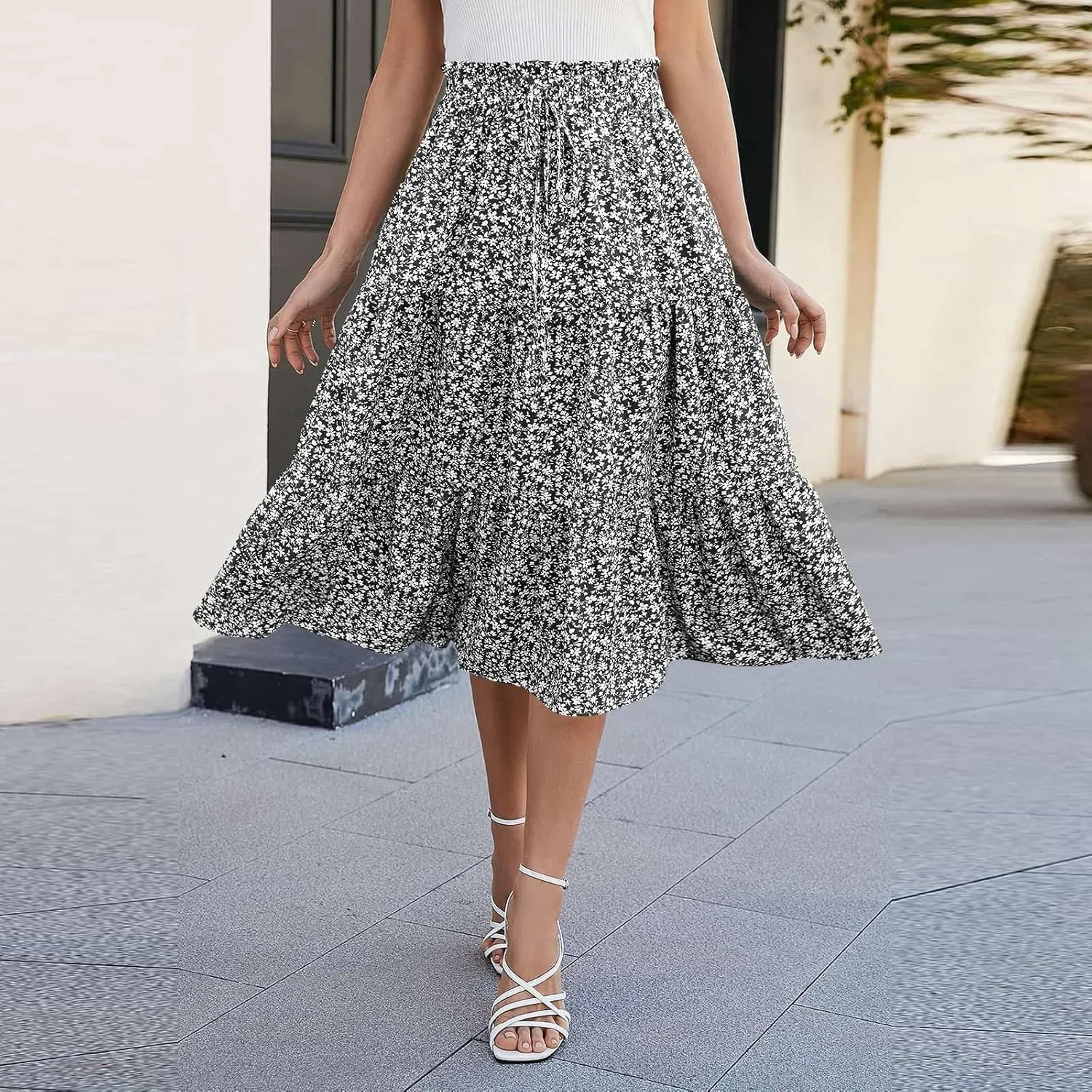 Midi Skirts for Women Summer Tiered Drawstring Elastic Waist Knee Length Skirts Pleated A Line Boho Solid Plain Skirts