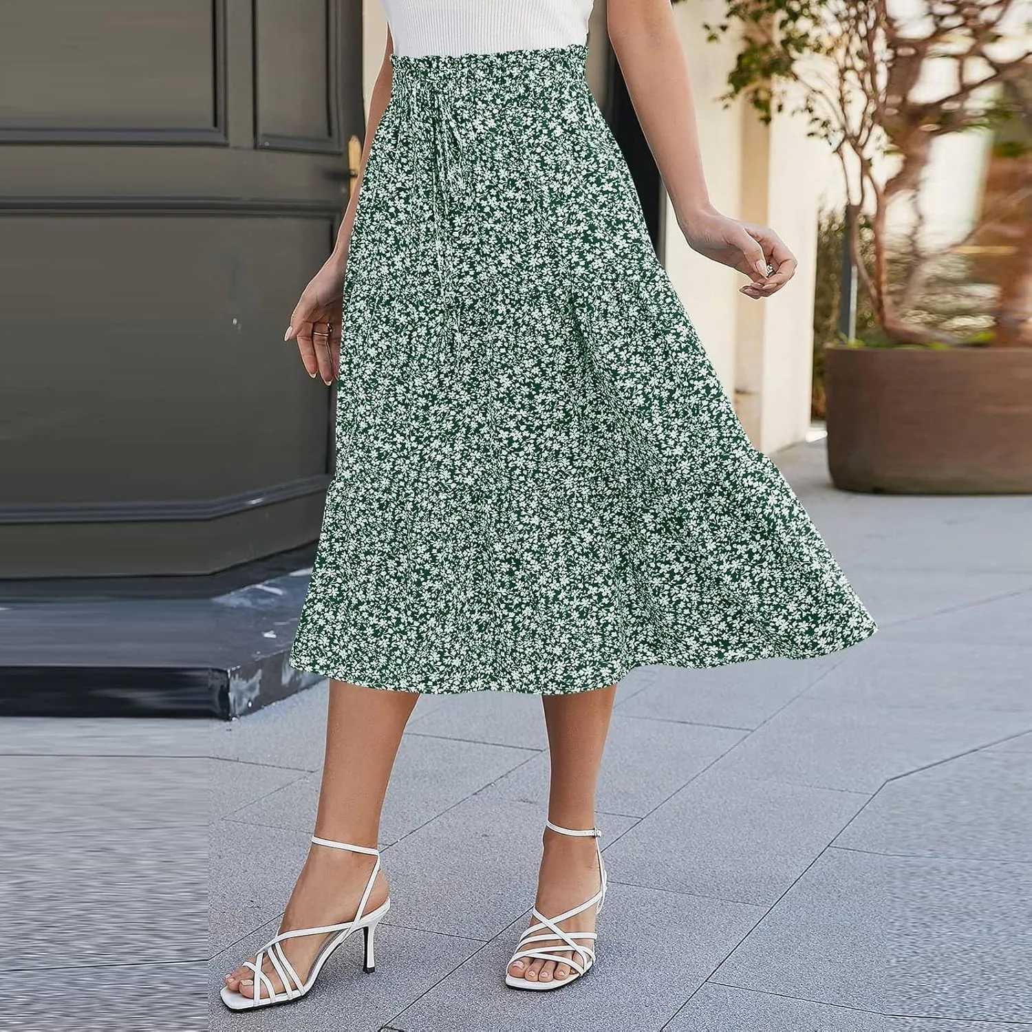 Midi Skirts for Women Summer Tiered Drawstring Elastic Waist Knee Length Skirts Pleated A Line Boho Solid Plain Skirts