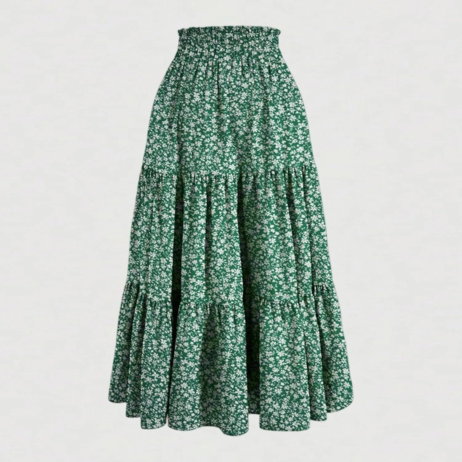 Midi Skirts for Women Summer Tiered Drawstring Elastic Waist Knee Length Skirts Pleated A Line Boho Solid Plain Skirts
