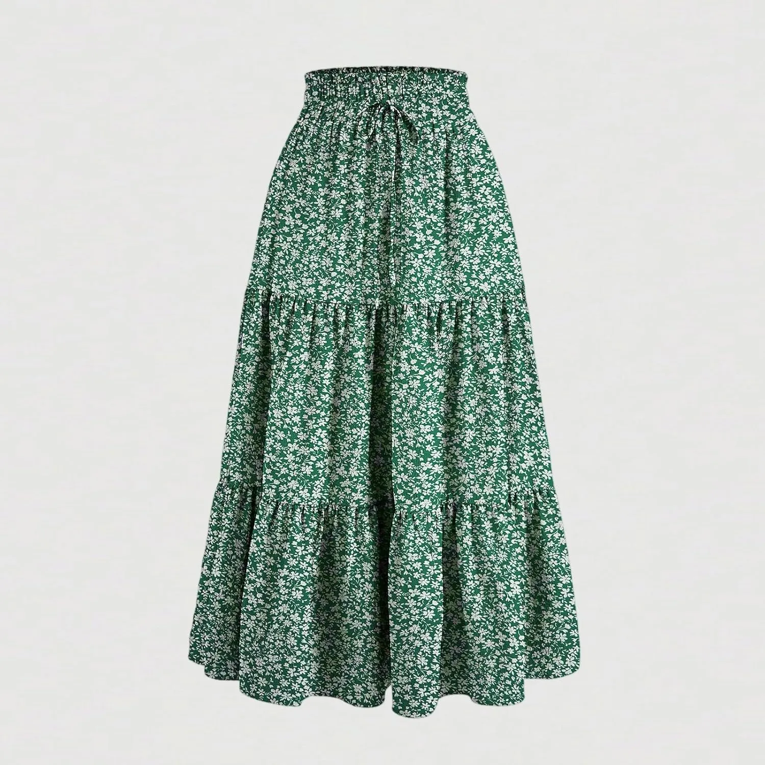 Midi Skirts for Women Summer Tiered Drawstring Elastic Waist Knee Length Skirts Pleated A Line Boho Solid Plain Skirts