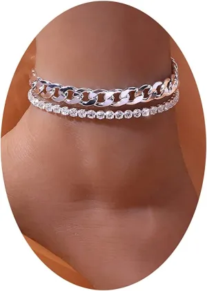 MIFYNN Tennis Anklets for Women, Layered Cuban Link Chain Gold Silver Anklets Shiny Rhinestone Anklet Bracelets Adjustable Fashion Jewelry