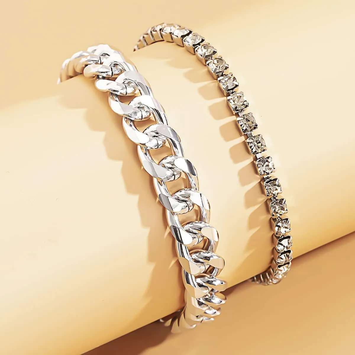 MIFYNN Tennis Anklets for Women, Layered Cuban Link Chain Gold Silver Anklets Shiny Rhinestone Anklet Bracelets Adjustable Fashion Jewelry