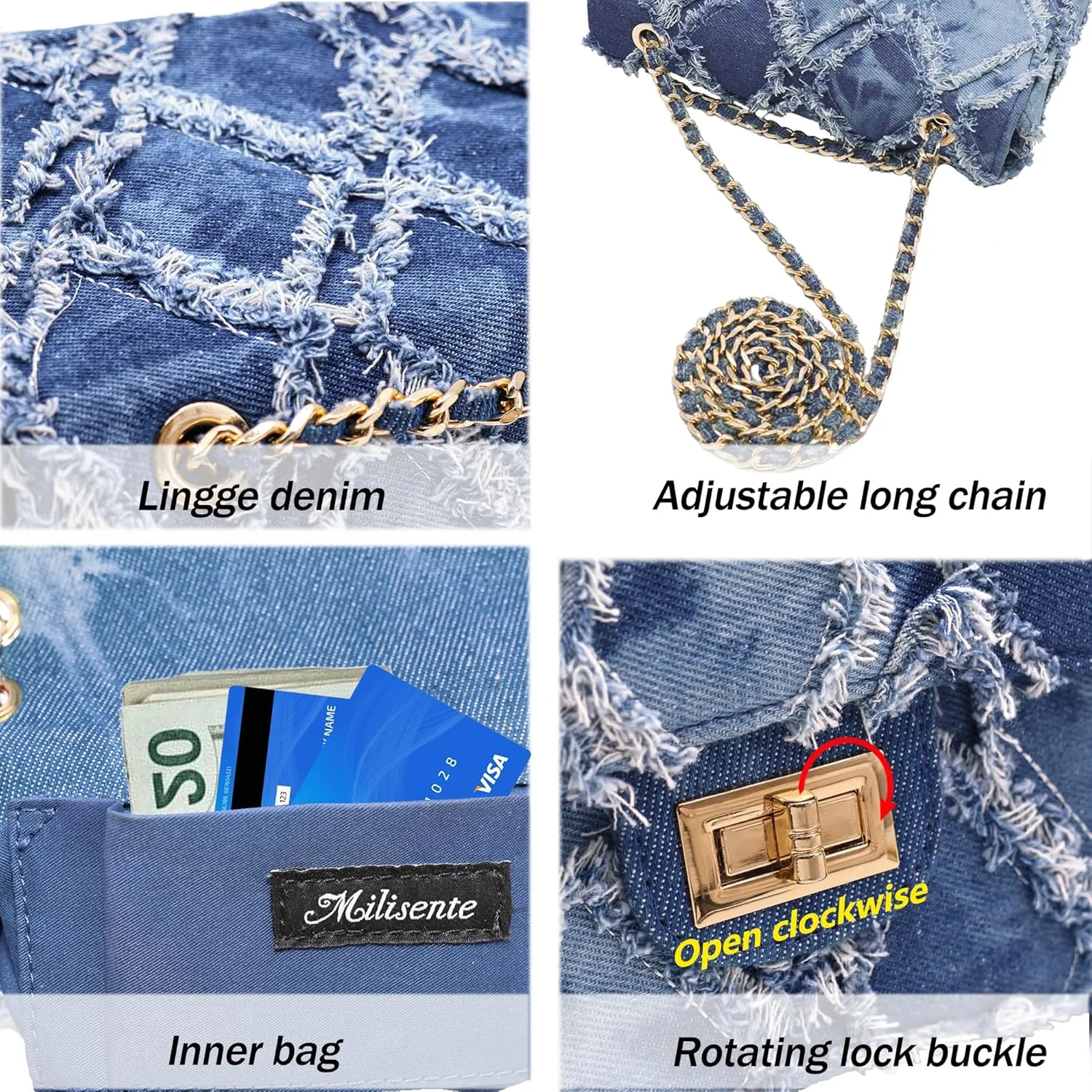Milisente Women Shoulder Bag Small Quilted Denim Bag Chain Clutch Purses and Handbags Or Crossbody For Evening Formal Party