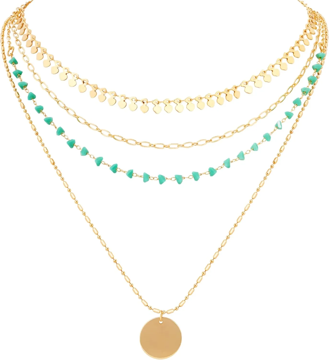 MINACHI Vintage Boho Multi-Layered Chain Choker Dainty Necklace with Created Turquoise Bead and Coin Pendant, Boho Fashion Statement Jewelry Gift for Women