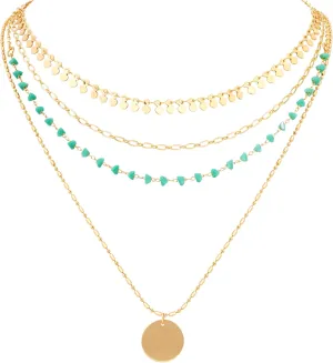 MINACHI Vintage Boho Multi-Layered Chain Choker Dainty Necklace with Created Turquoise Bead and Coin Pendant, Boho Fashion Statement Jewelry Gift for Women
