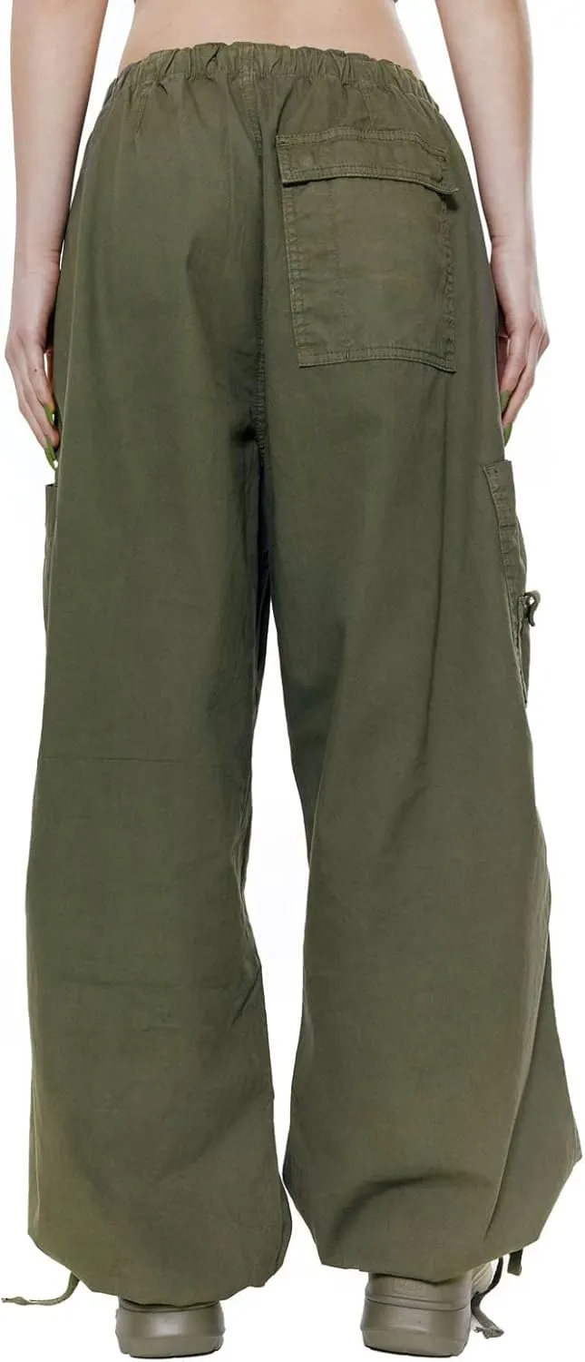 Miyaomn Women's Baggy Low Waist Parachute Cargo Pants Solid Casual Drawstring Adjustable Bottom Joggers Trousers with Pockets