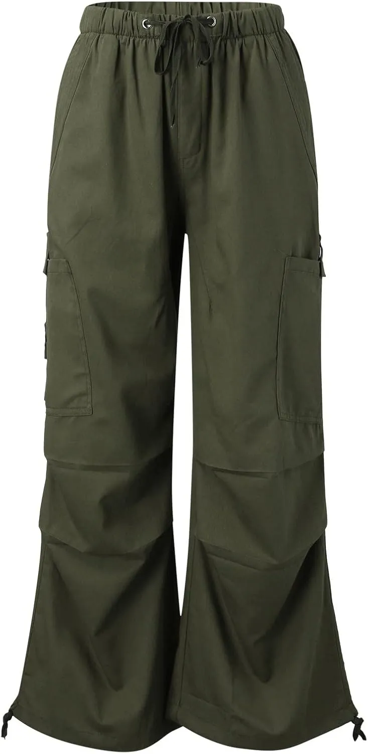 Miyaomn Women's Baggy Low Waist Parachute Cargo Pants Solid Casual Drawstring Adjustable Bottom Joggers Trousers with Pockets