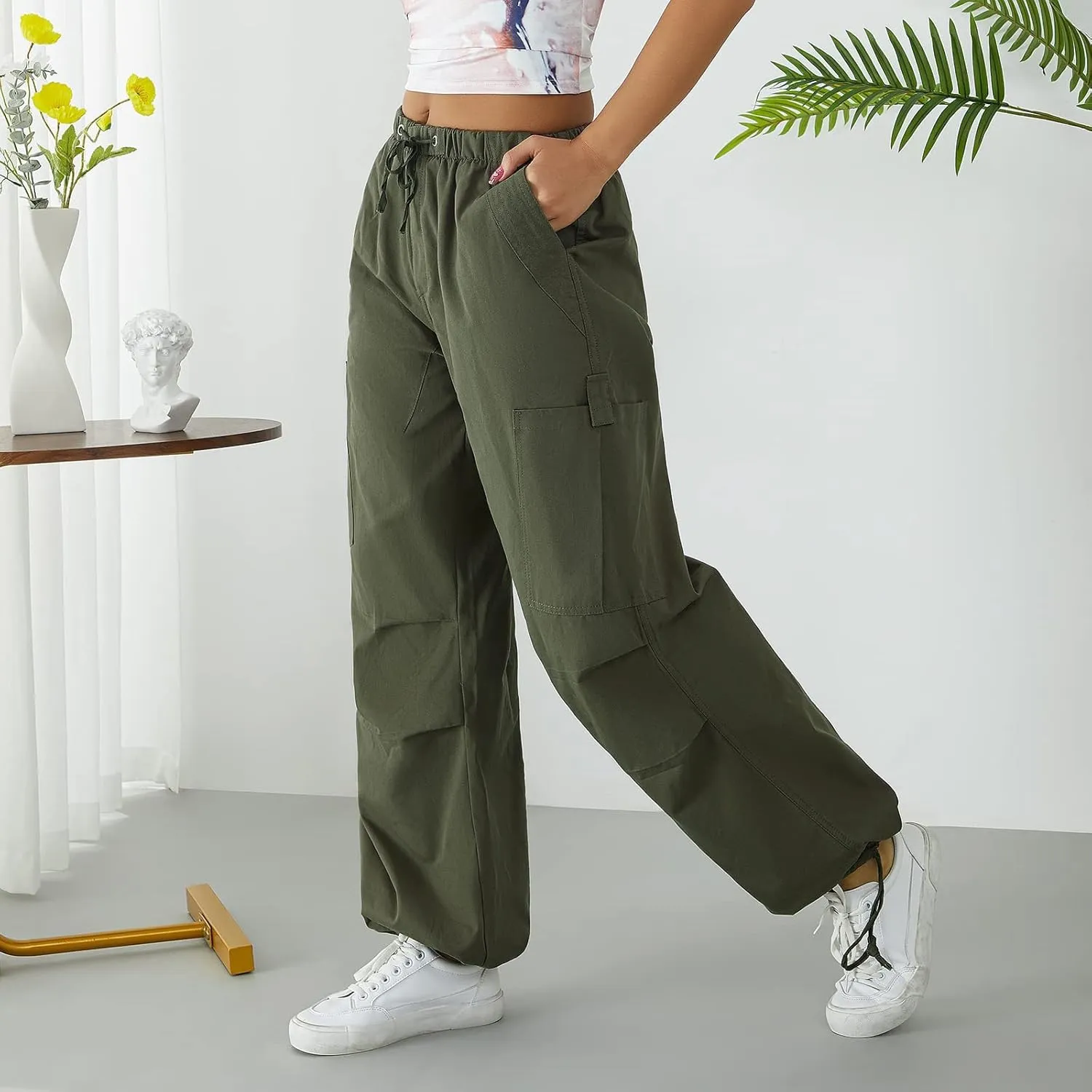 Miyaomn Women's Baggy Low Waist Parachute Cargo Pants Solid Casual Drawstring Adjustable Bottom Joggers Trousers with Pockets