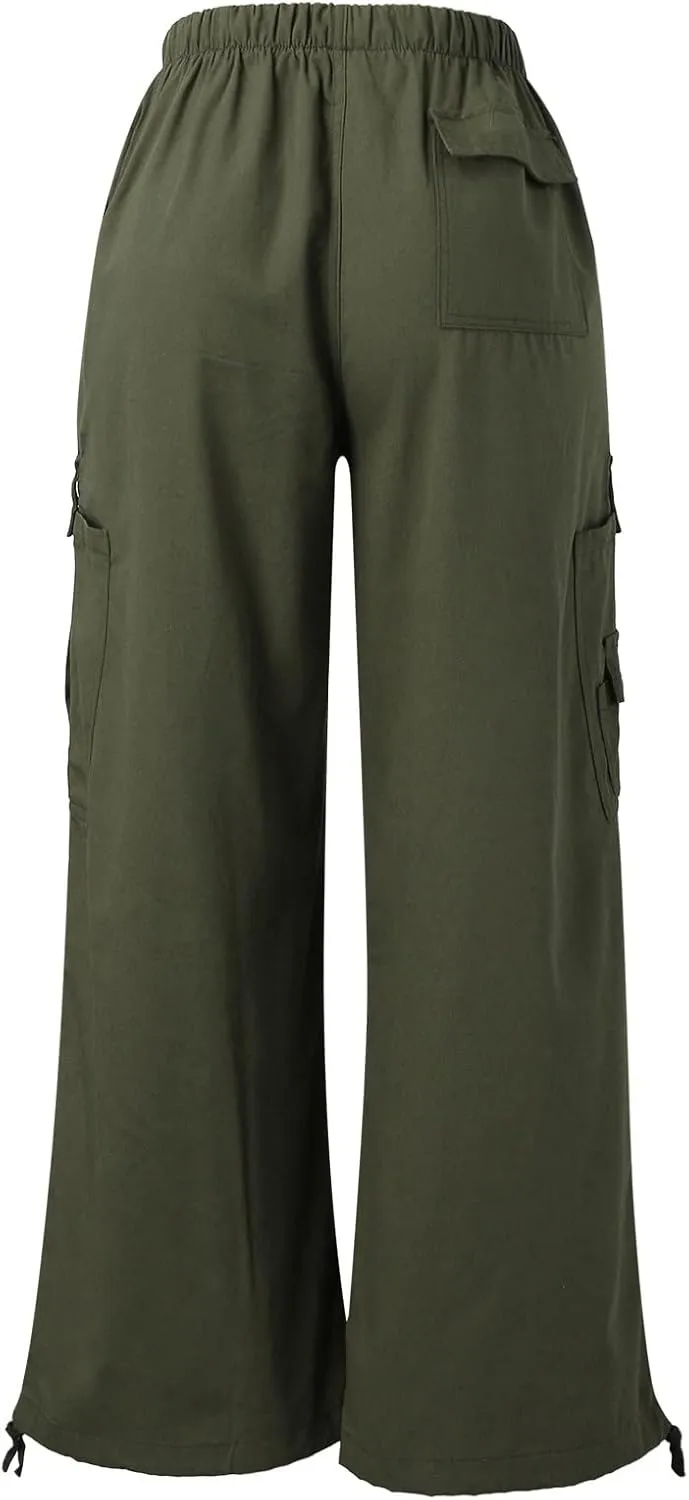 Miyaomn Women's Baggy Low Waist Parachute Cargo Pants Solid Casual Drawstring Adjustable Bottom Joggers Trousers with Pockets