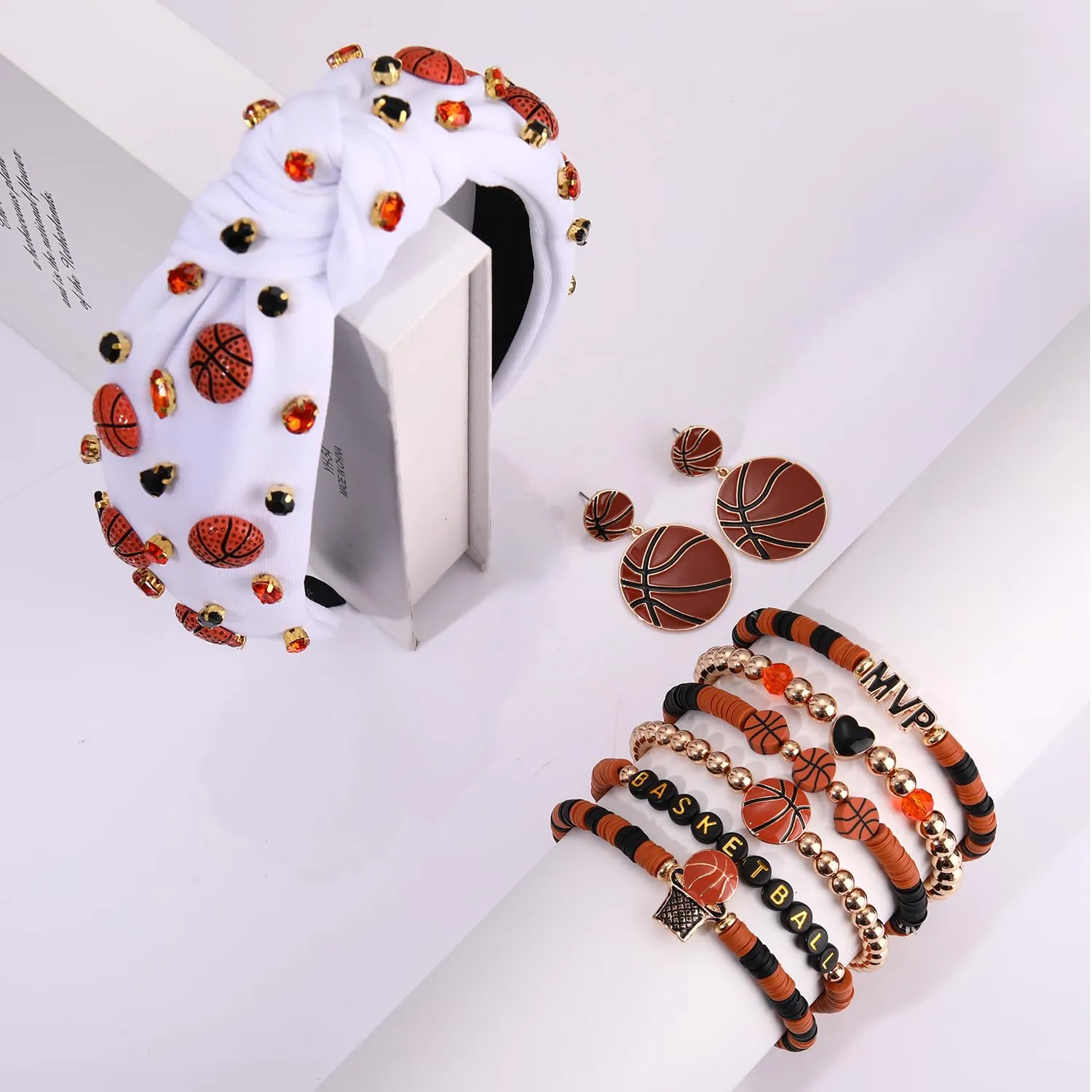 mokkia Game Day Baseball Basketball Football Headbands for Women Stackable Heishi Friendship Bracelets Dangle Earrings Sports Mom Game Day Outfits Jewelry Accessories Gifts (Pattern A)