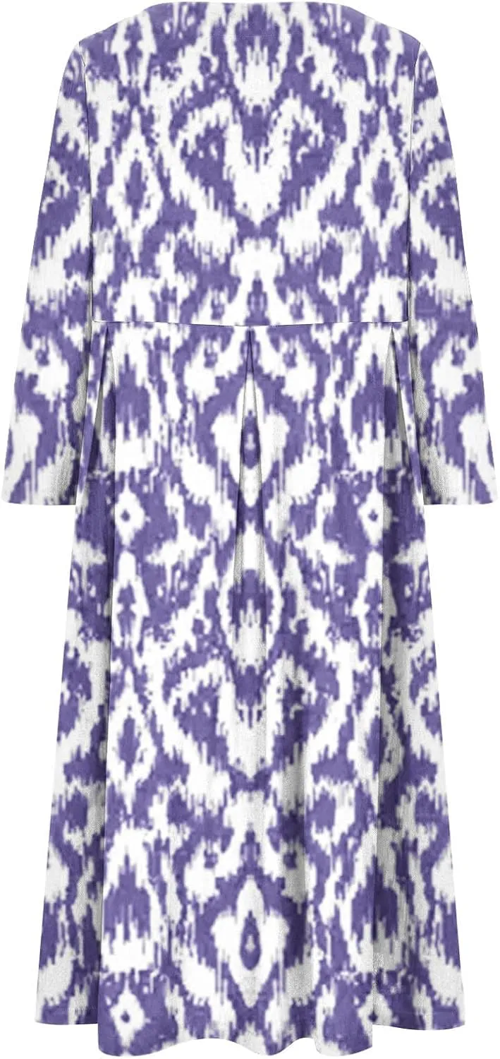 Moomoo Dresses for Women Fashion 3/4 Sleeve Crew Neck Beach Kaftan Dress Vintage Print High Waist Midi Lounge Dress