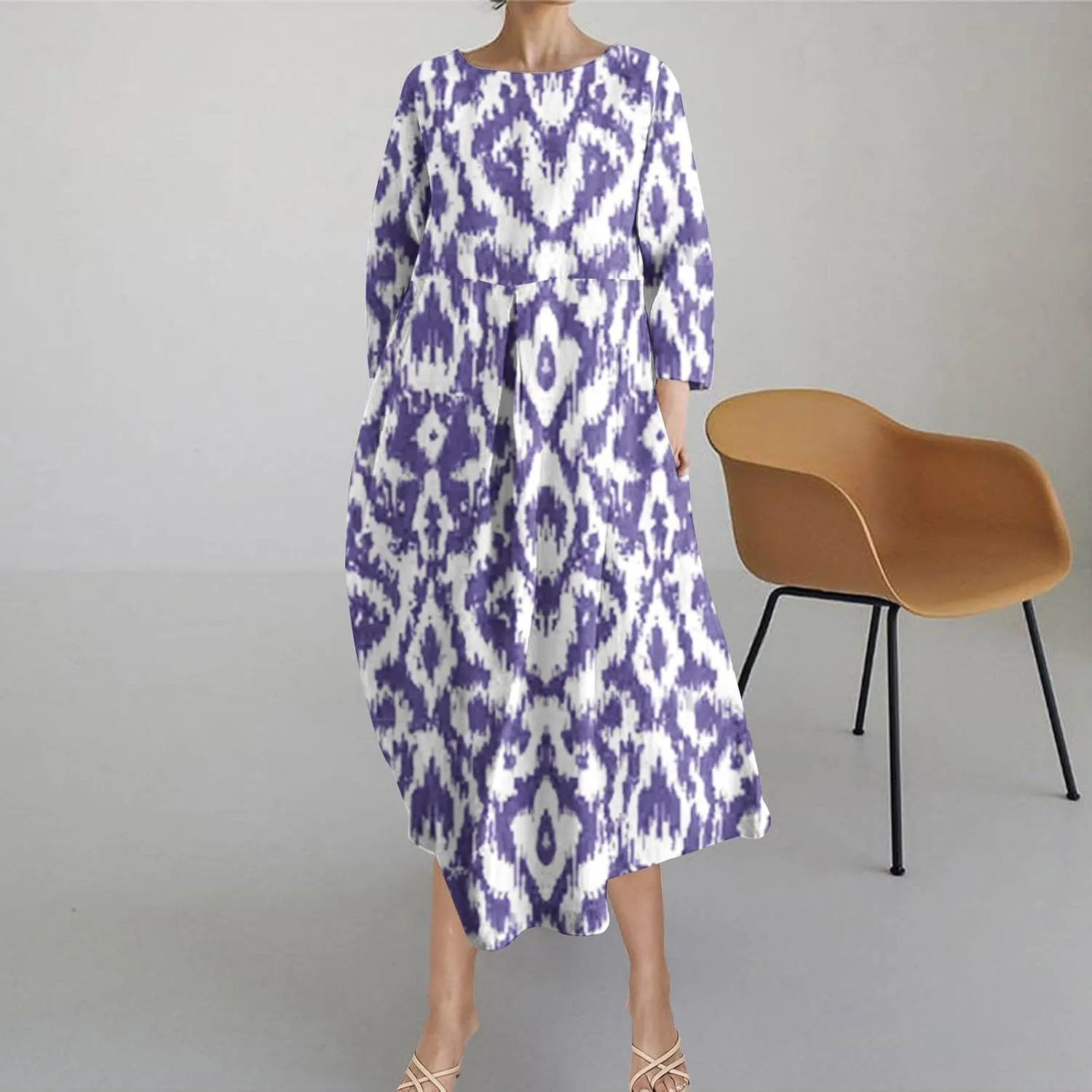 Moomoo Dresses for Women Fashion 3/4 Sleeve Crew Neck Beach Kaftan Dress Vintage Print High Waist Midi Lounge Dress
