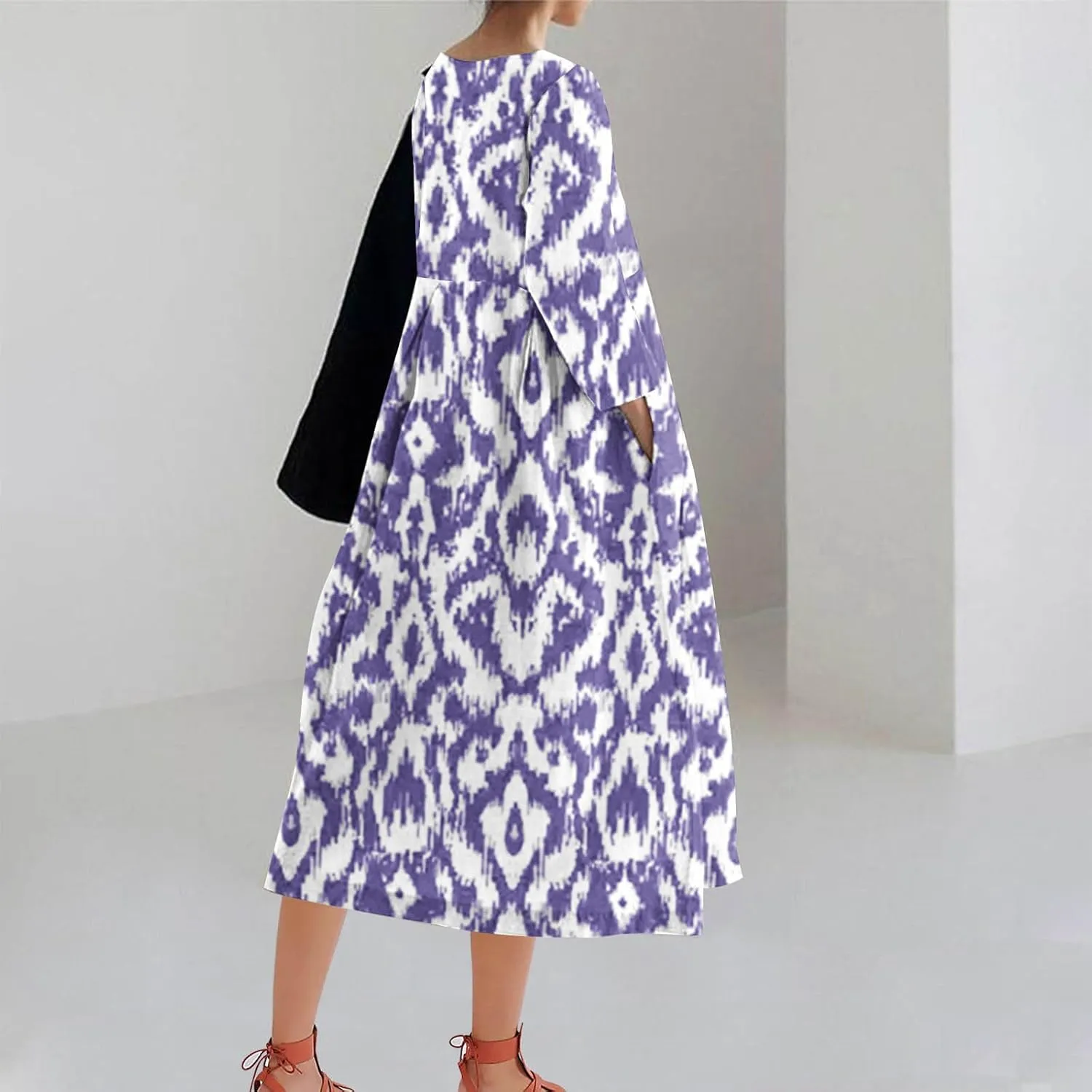 Moomoo Dresses for Women Fashion 3/4 Sleeve Crew Neck Beach Kaftan Dress Vintage Print High Waist Midi Lounge Dress