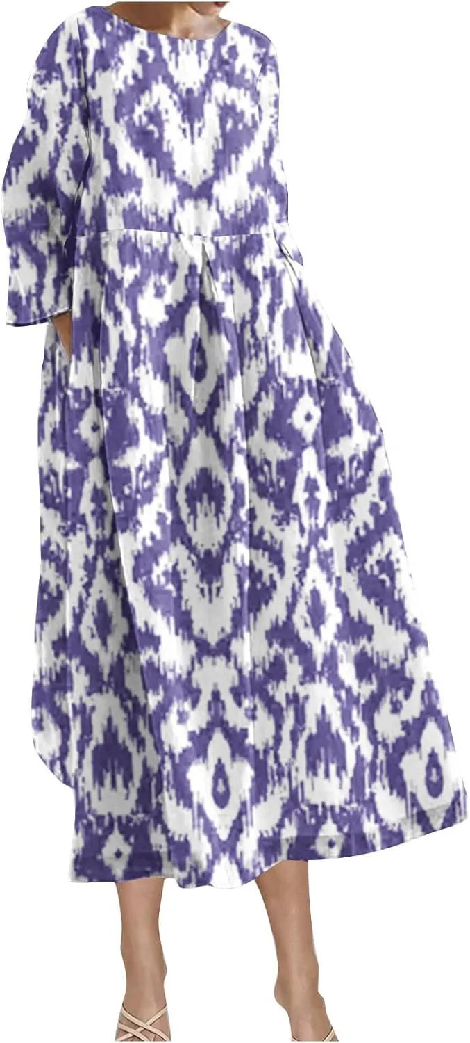 Moomoo Dresses for Women Fashion 3/4 Sleeve Crew Neck Beach Kaftan Dress Vintage Print High Waist Midi Lounge Dress