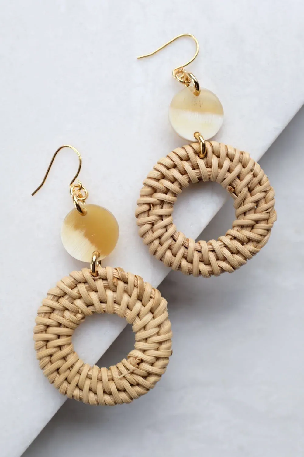Nam Dinh 16K Gold Plated Natural Rattan (Straw/Wicker) & Honey Buffalo Horns Earrings