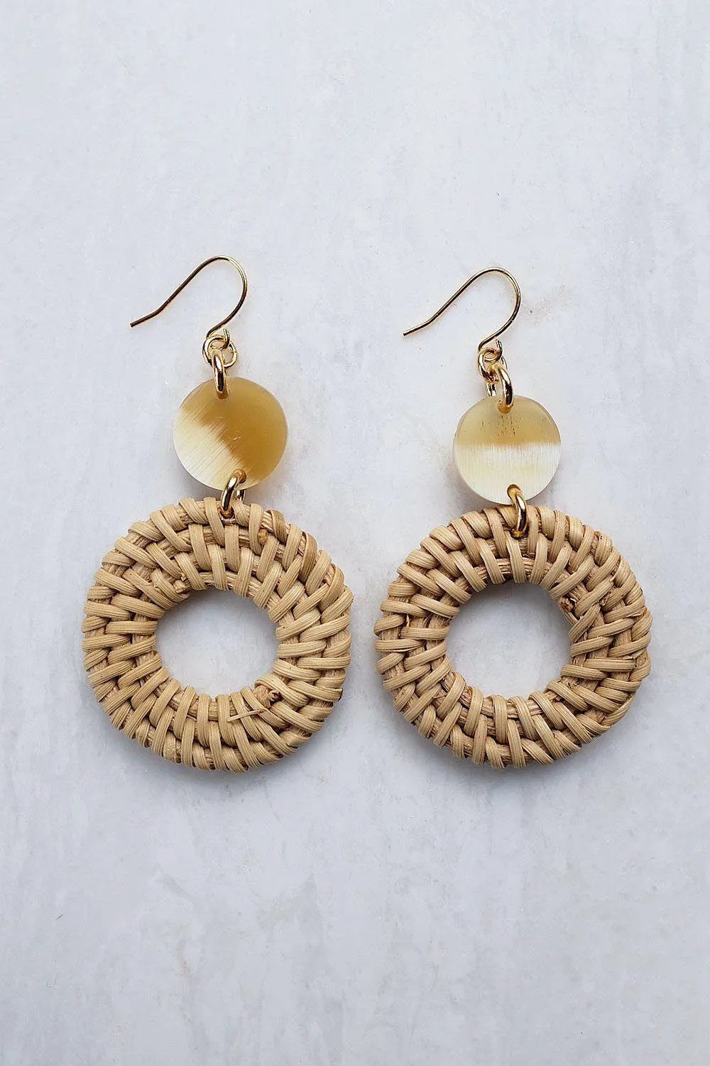 Nam Dinh 16K Gold Plated Natural Rattan (Straw/Wicker) & Honey Buffalo Horns Earrings