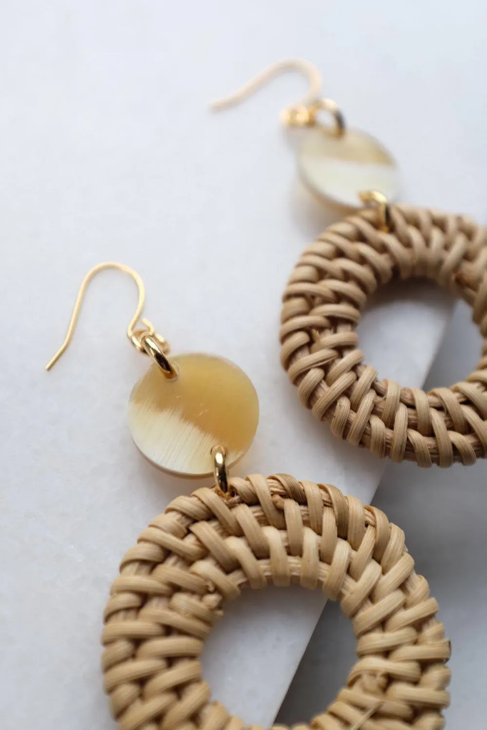 Nam Dinh 16K Gold Plated Natural Rattan (Straw/Wicker) & Honey Buffalo Horns Earrings