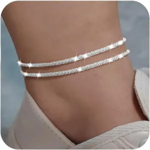 Nanafast Women's Ankle Bracelets, Sparkling Multi-layer Anklet Bracelets for Women, Adjustable Shiny Gold/Silver Anklets for Women, Beach Cute Anklets Jewelry for Summer