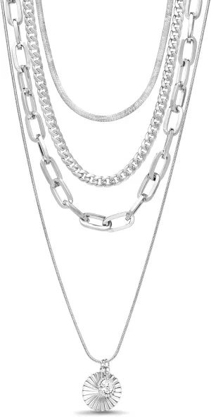 Nautica 14K Gold Plated Brass Necklace - Four Row Layered Pendant Chain Necklace for Women, White With Stone