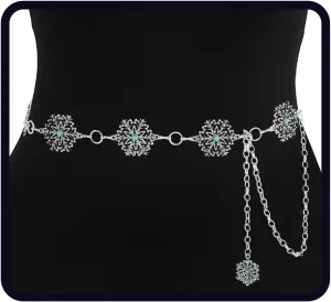 Navoky Christmas Snowflake Belt Chain Women Turquoise Xmas Dress Waist Belts Silver Belly Chains Body Jewelry Accessories