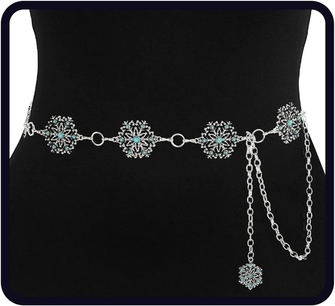 Navoky Christmas Snowflake Belt Chain Women Turquoise Xmas Dress Waist Belts Silver Belly Chains Body Jewelry Accessories