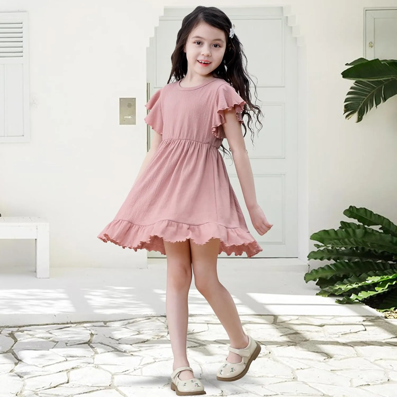 Neutocd Toddler Girl Dress Ruffled Short Sleeve Flowy Tiered Kid Baby Girl Summer Party Beach Boho Swing Dress Sundress