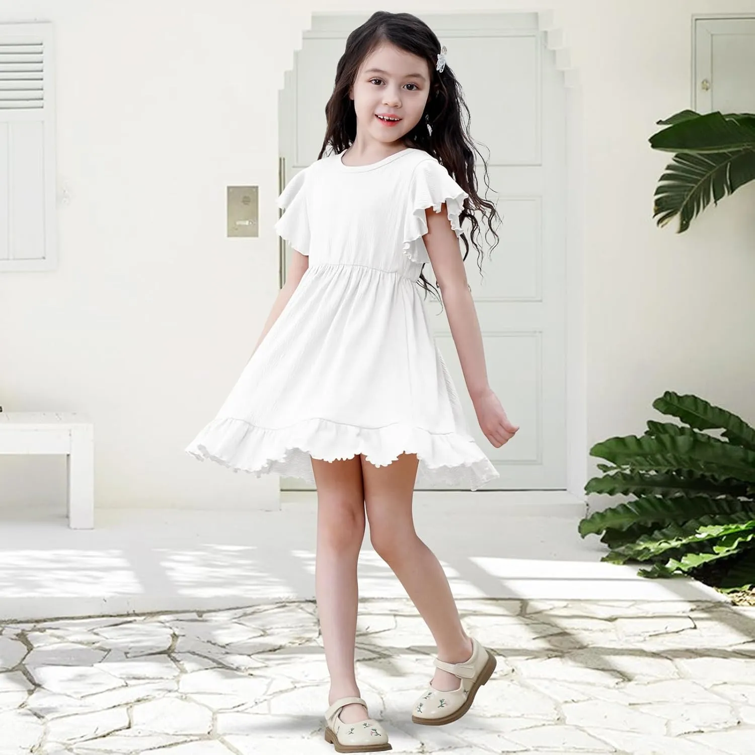 Neutocd Toddler Girl Dress Ruffled Short Sleeve Flowy Tiered Kid Baby Girl Summer Party Beach Boho Swing Dress Sundress