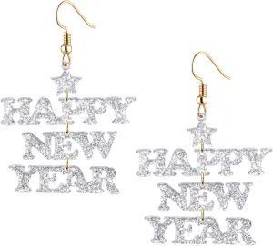 New Years Earrings for Women Acrylic Glitter HAPPY NEW YEAR Dangle Hook Earrings Festive Holiday Cheer New Year Eve Party Earrings Jewelry Hypoallergenic Statement Earrings for 2023