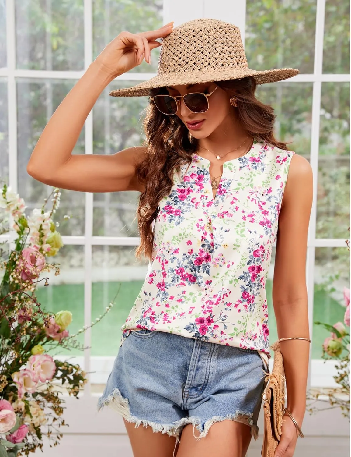 Newchoice Womens Tank Tops V Neck Sleeveless Summer Shirts Loose Dressy Casual Blouses (S-3XL)